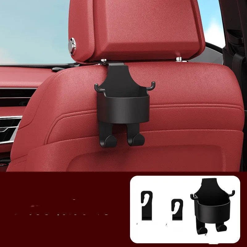 Black plastic car seat back organizer with cup holder and hanging hook for vehicle storage