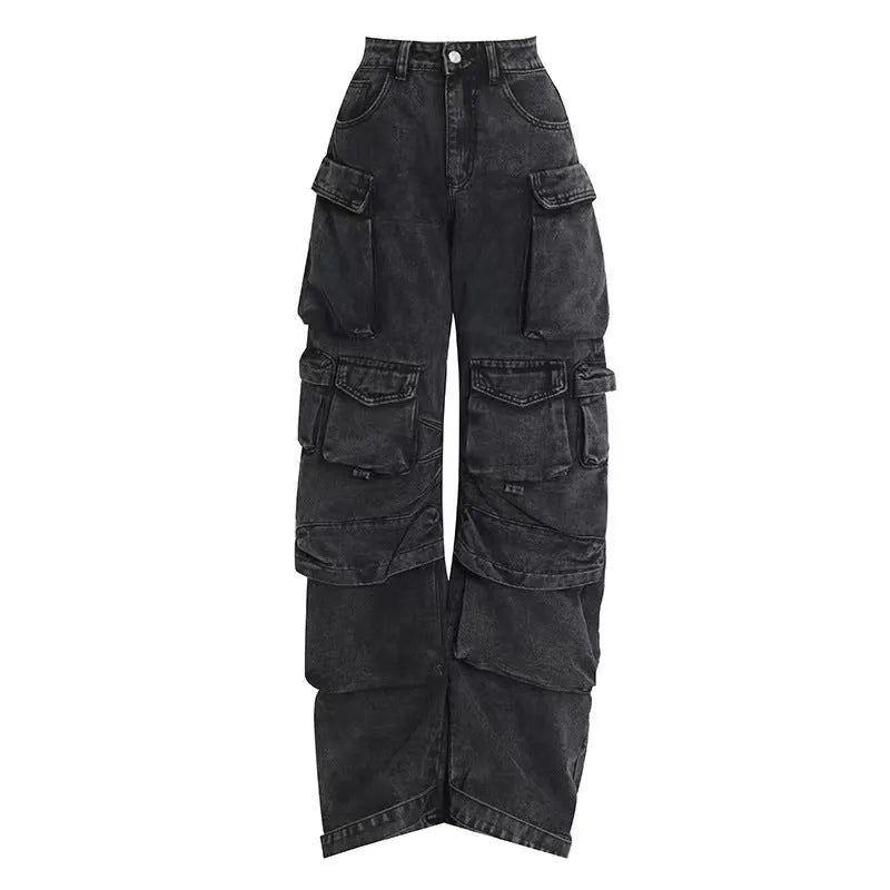Women's high waist wide leg jeans in tie-dyed denim with multiple pockets and street hipster styling
