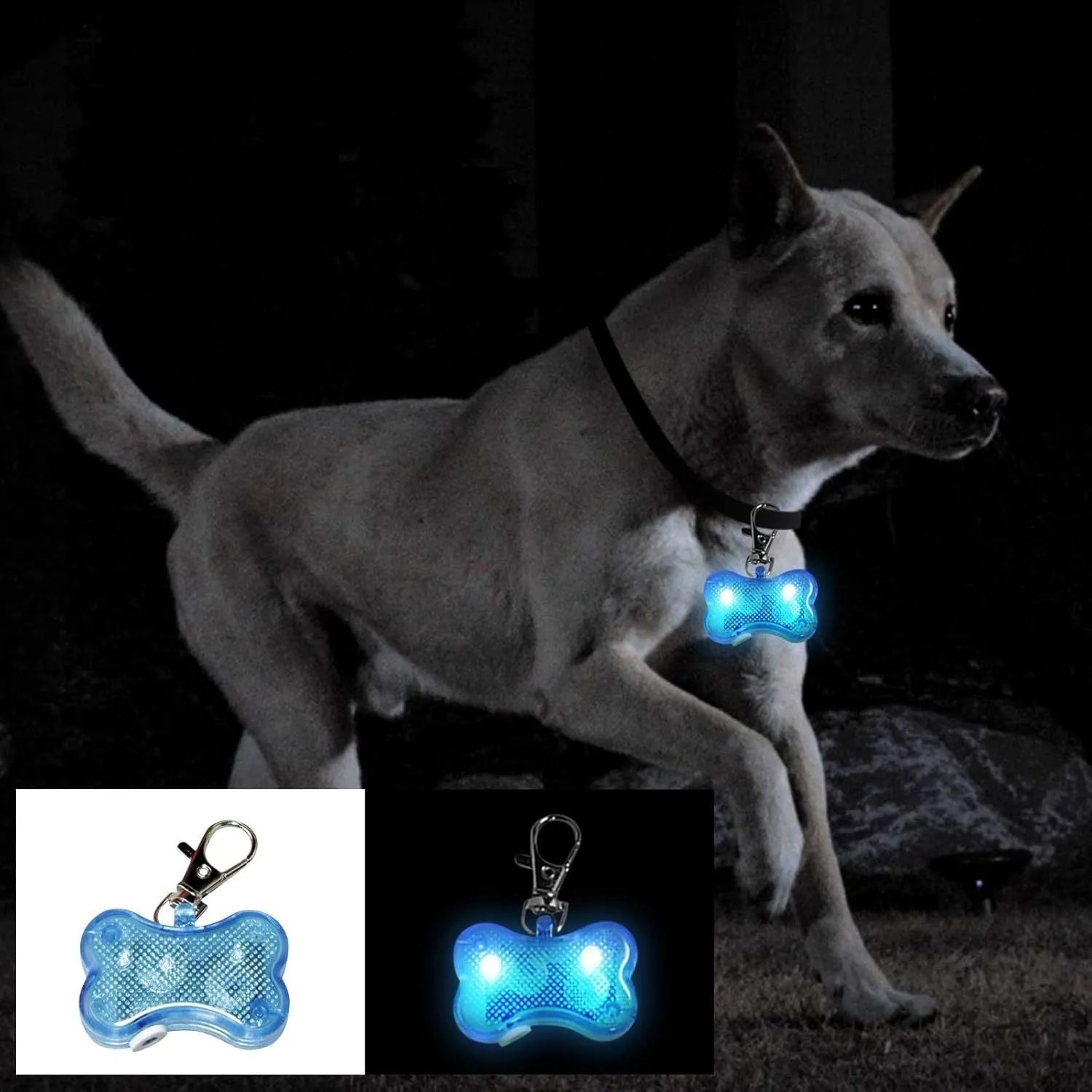 Bone-shaped LED pendant for pet collars in blue, green, orange, red, white, and yellow colours