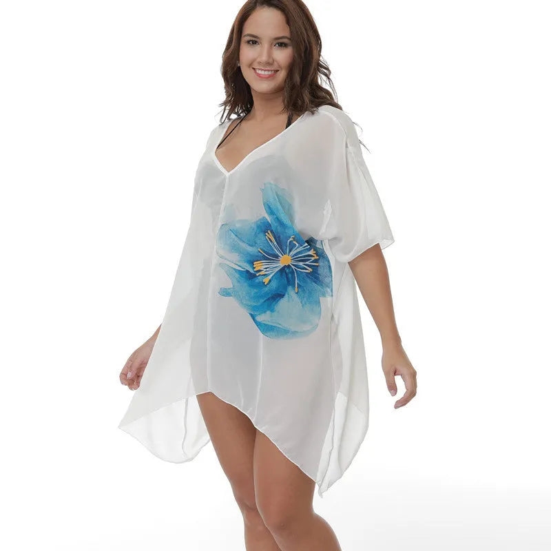 White plus size beach cover-up blouse with loose fit design for swimming and sun protection