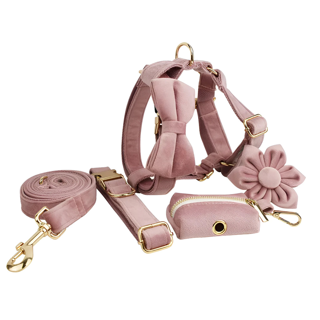 Light purple pink velvet dog collar with matching pet accessories in coordinated set