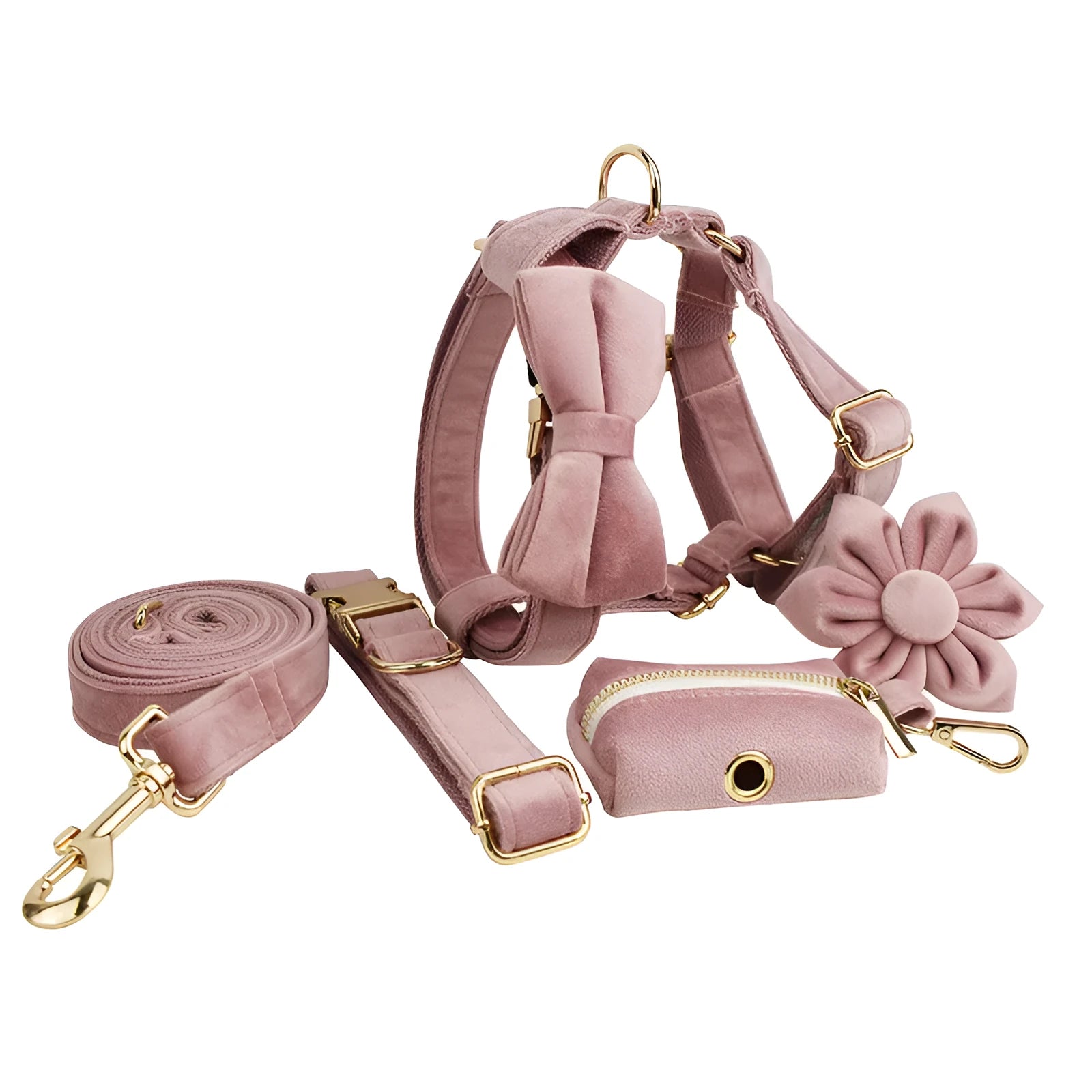 Light purple pink velvet dog collar with matching pet accessories in coordinated set