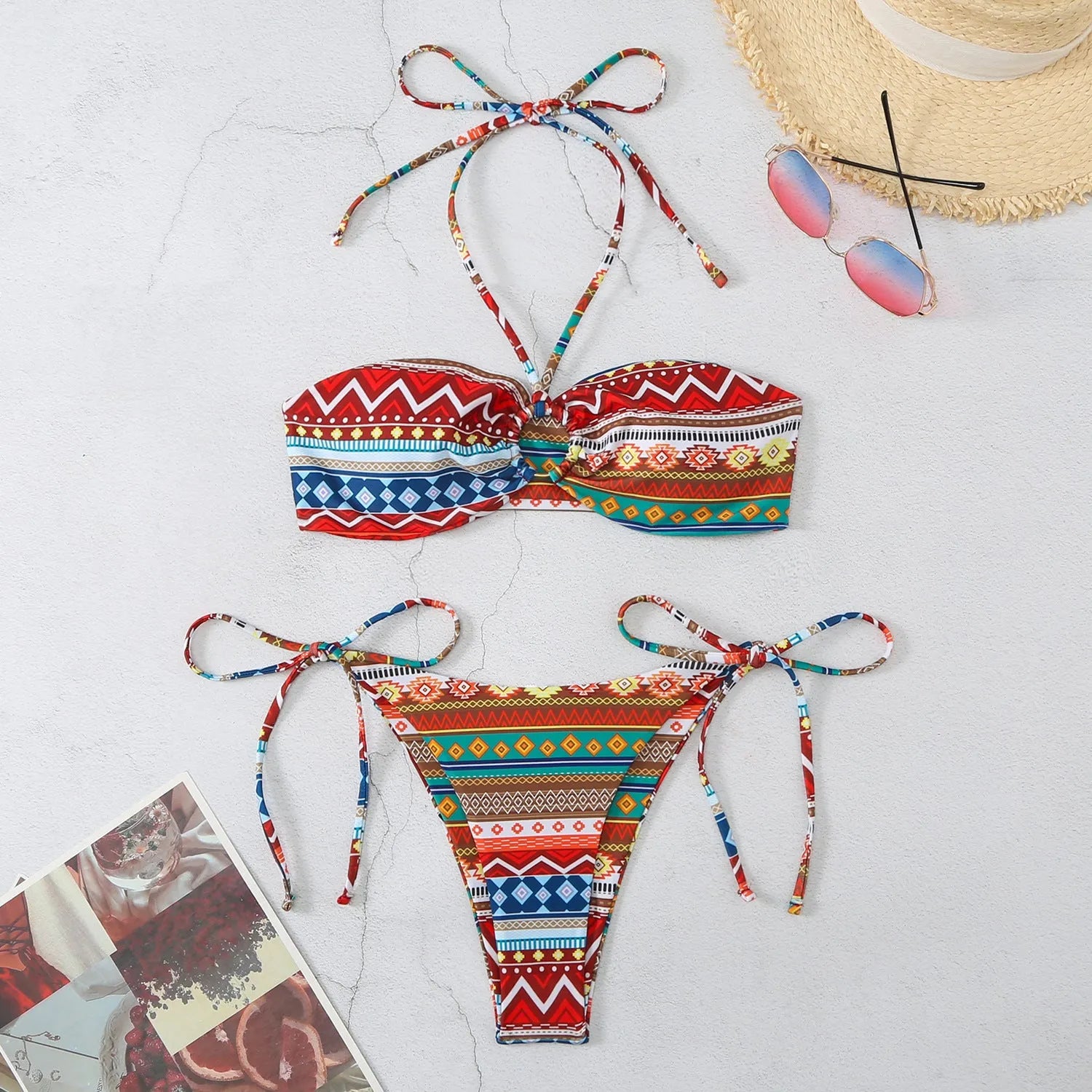 Women's halter neck bikini swimsuit with briefs bottom in polyester fabric