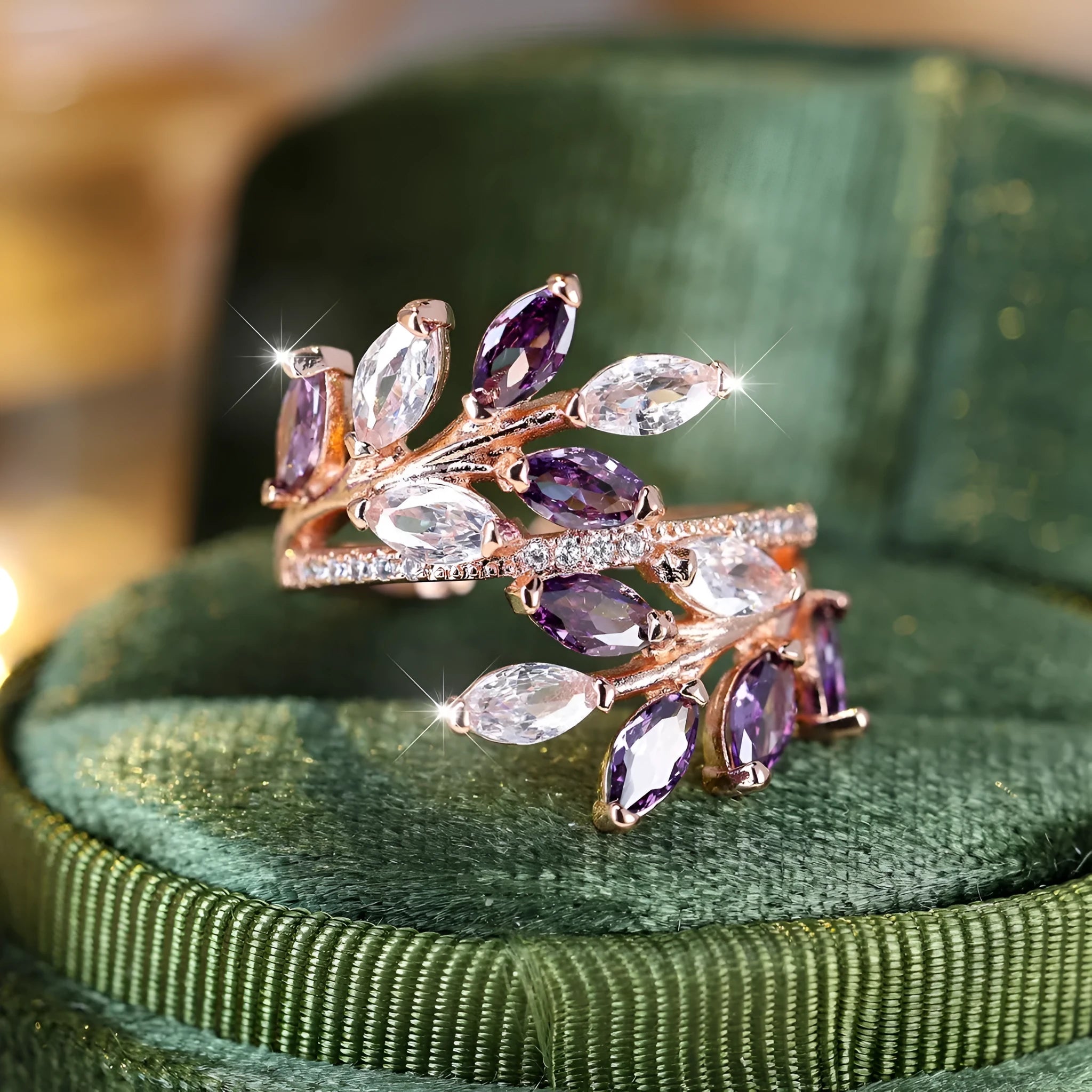 Adjustable leaf-shaped ring with horse eye cubic zirconia design in copper with rose gold plating