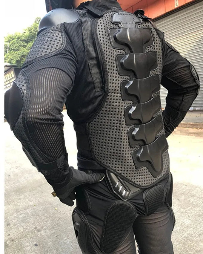 Black plastic motorcycle fall protection armour jacket for riders on white background