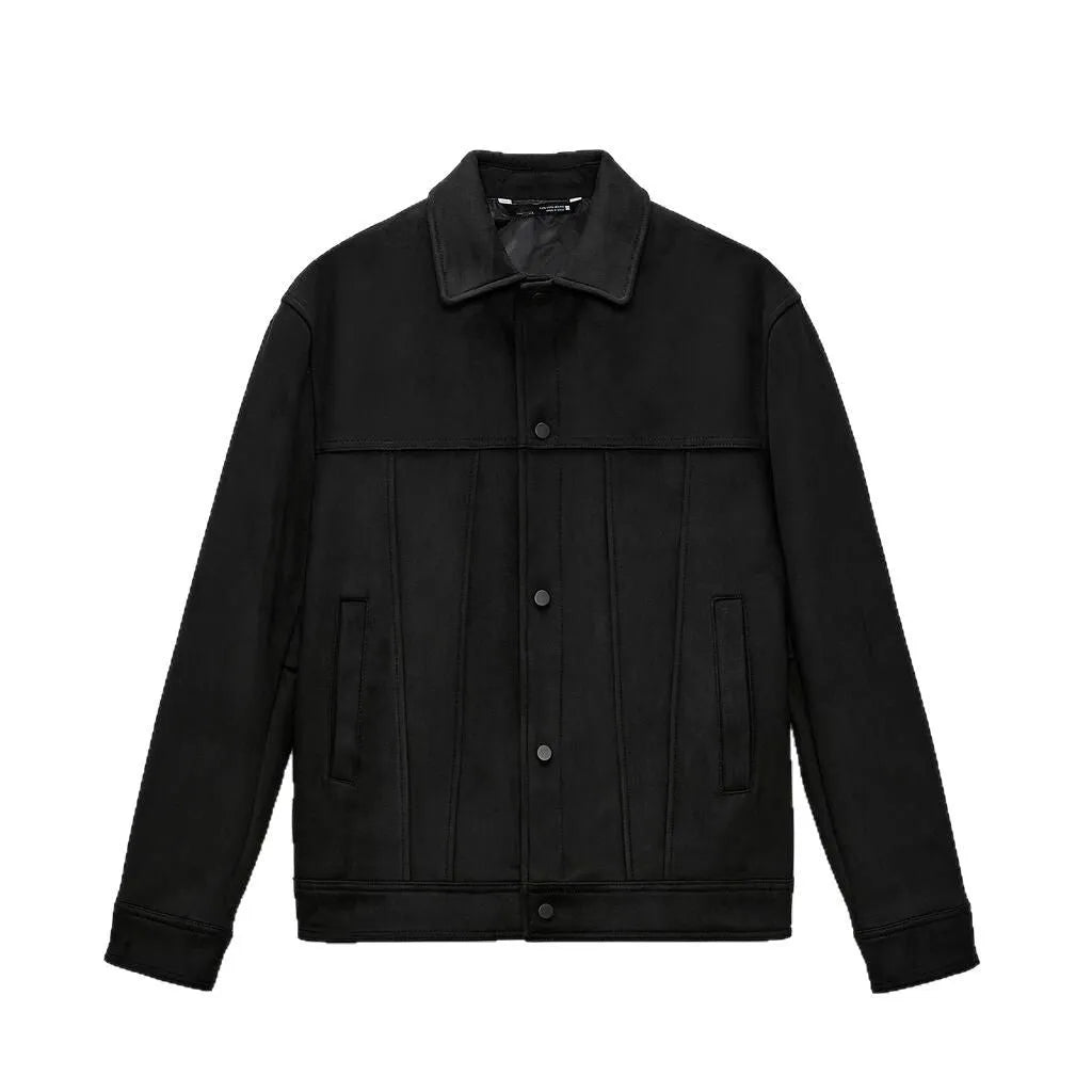 Black men's hooded casual jacket with a suede collar, showing side seam pockets and loose long sleeves.