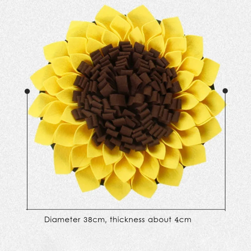 Yellow sunflower-shaped dog snuffle mat measuring 37.5cm with rope and buckle anti-slip design