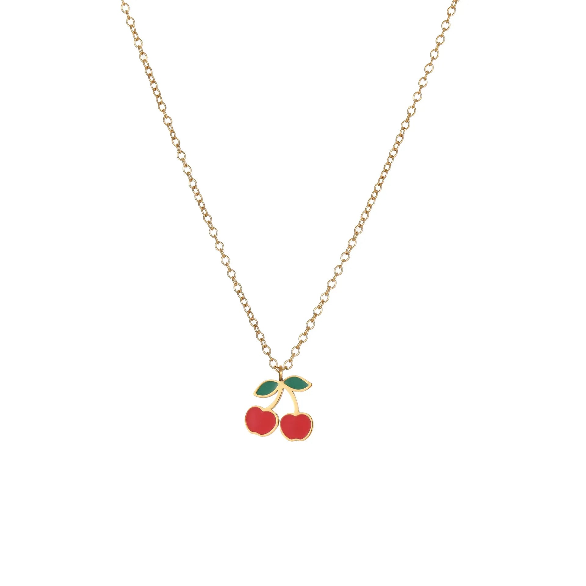 Cherry jewellery set with four 18K electroplated stainless steel pieces including necklace, bracelet, earrings, and ring
