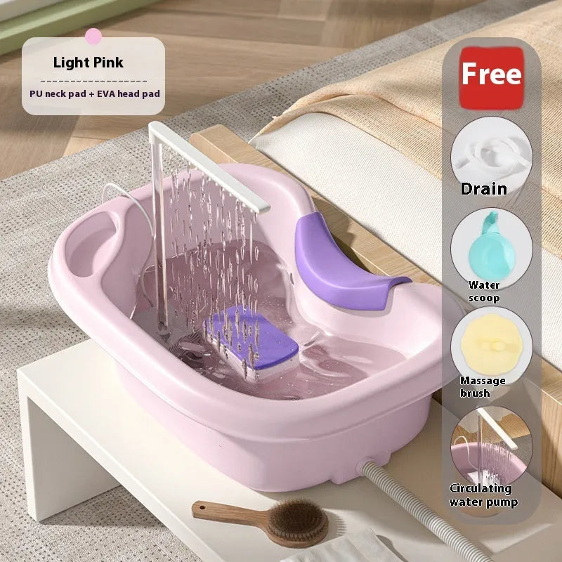 Bed shampoo basin with circulating water pump, drain pipe, neck pillow and massage brush for lying-down hair washing