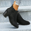 Women's black and brown pointed toe ankle boots with thick square heel and slip-on design made of artificial PU.