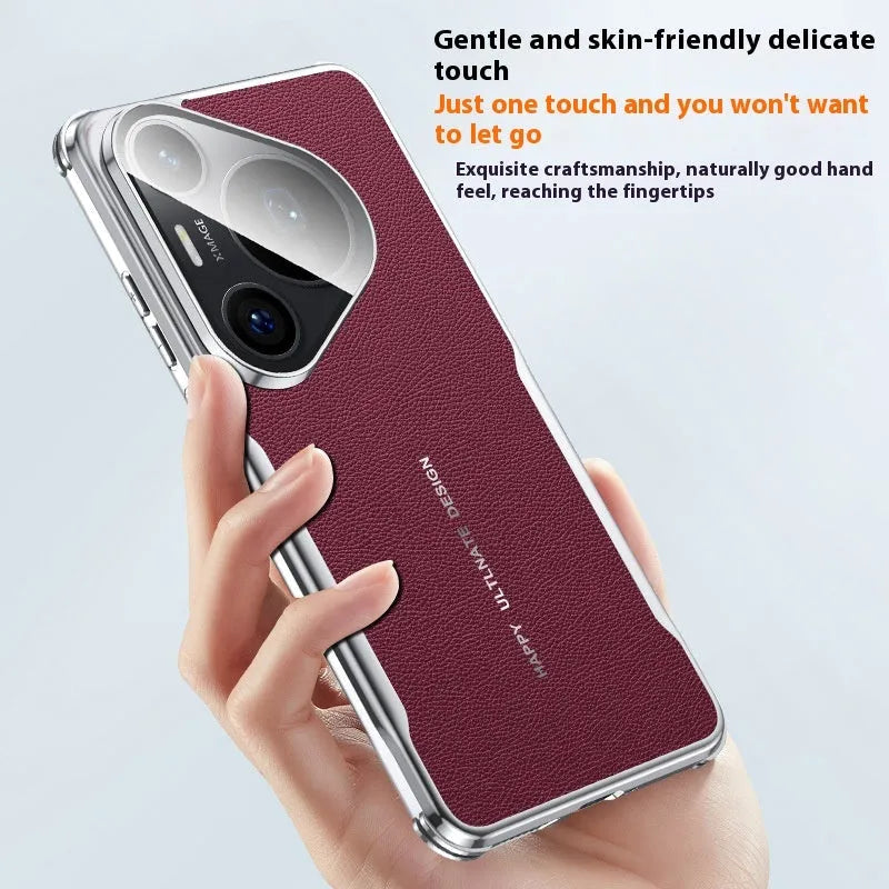 All-inclusive drop-resistant plain leather phone case with invisible bracket for Huawei Pura70 series, wine red colour
