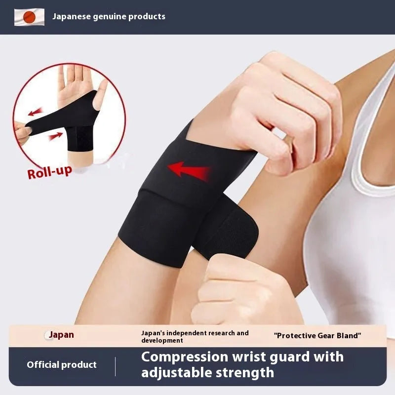Adjustable black athletic wristguard shown on a wrist, suitable for badminton, tennis, and volleyball.