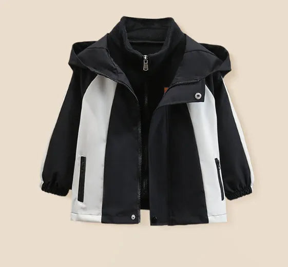 Children's split liner hooded jacket in red with full zipper and long sleeves on a white background