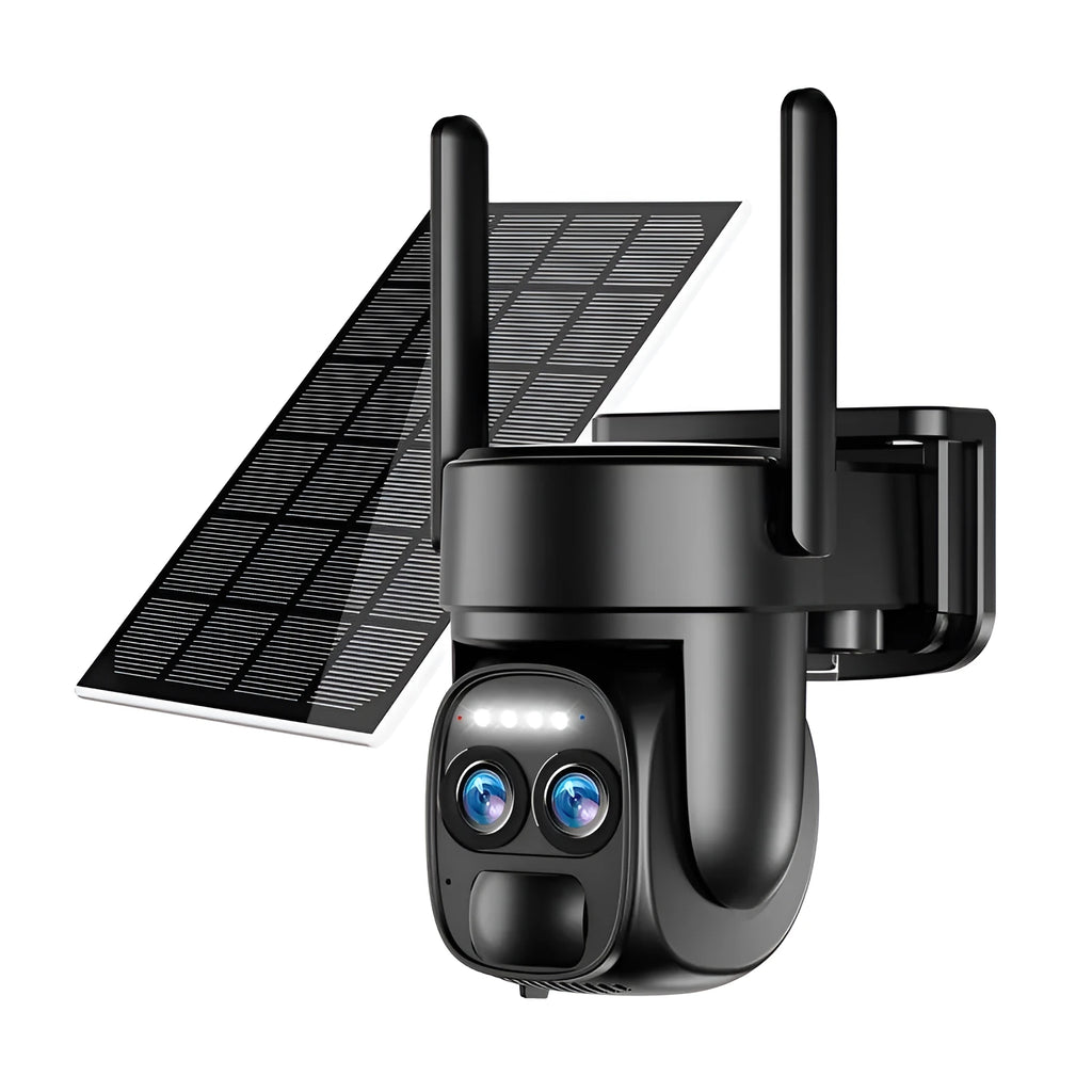 White outdoor solar security camera mounted on a wall with a solar panel on top.