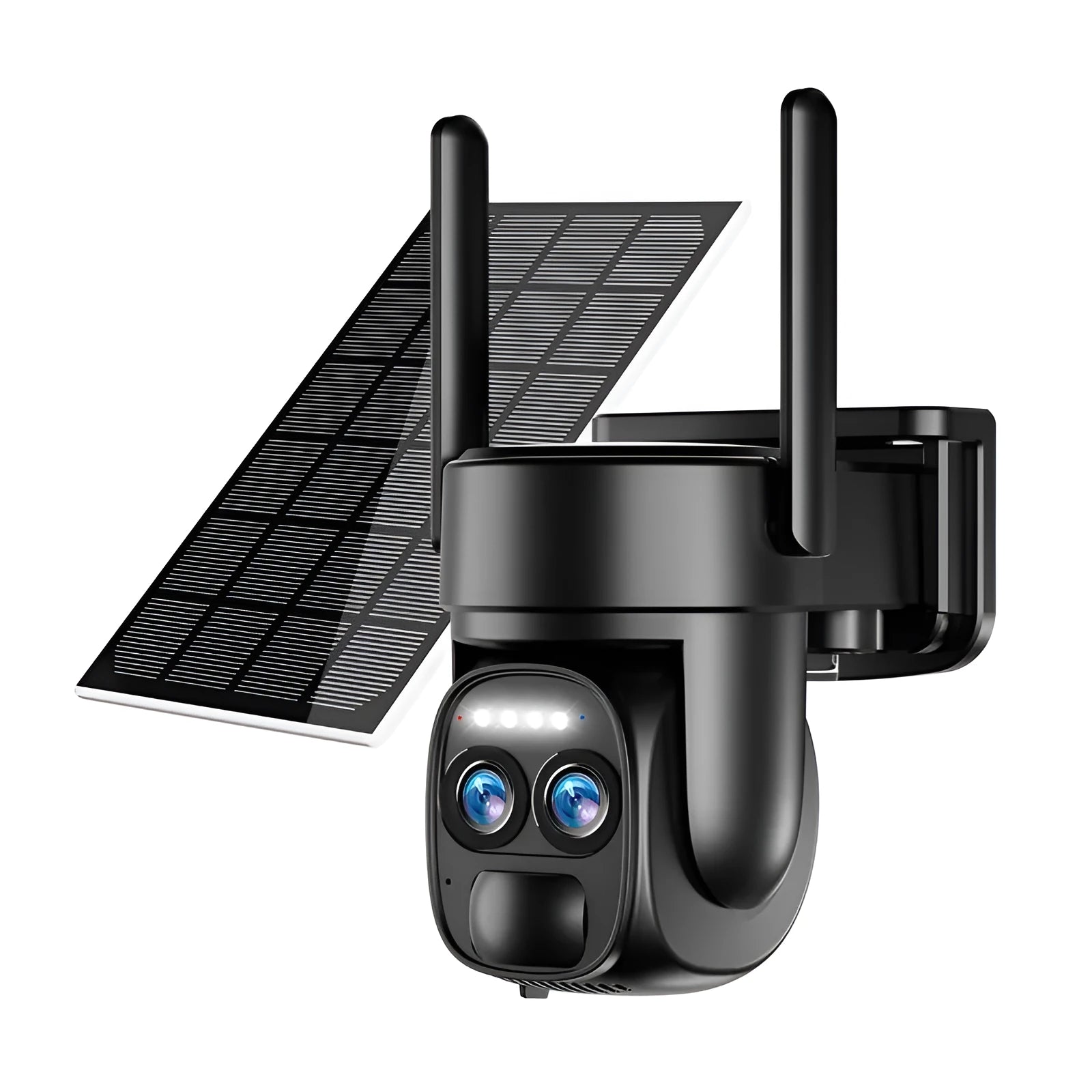 White outdoor solar security camera mounted on a wall with a solar panel on top.