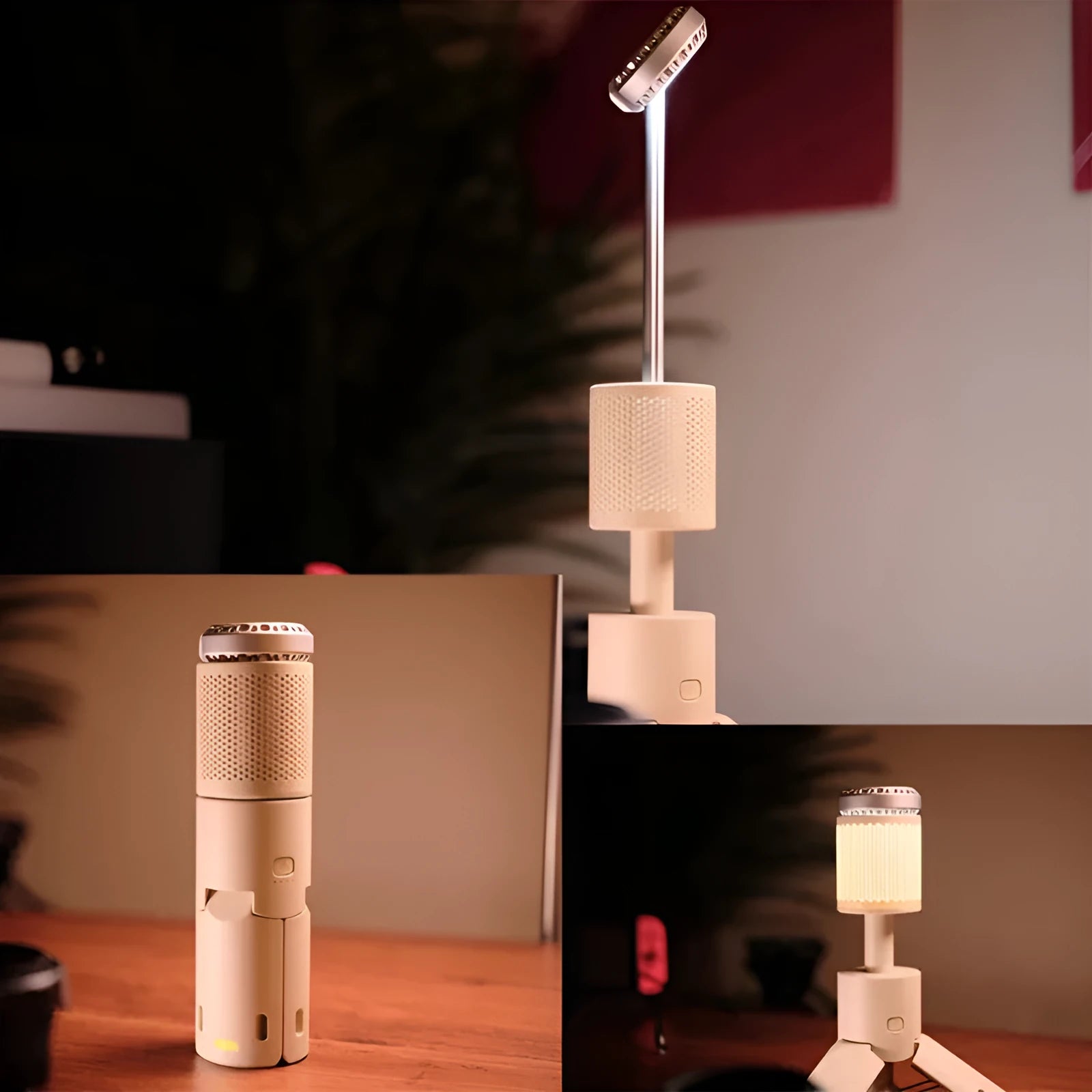 Portable creamy white and dark grey LED camping lantern with push button.