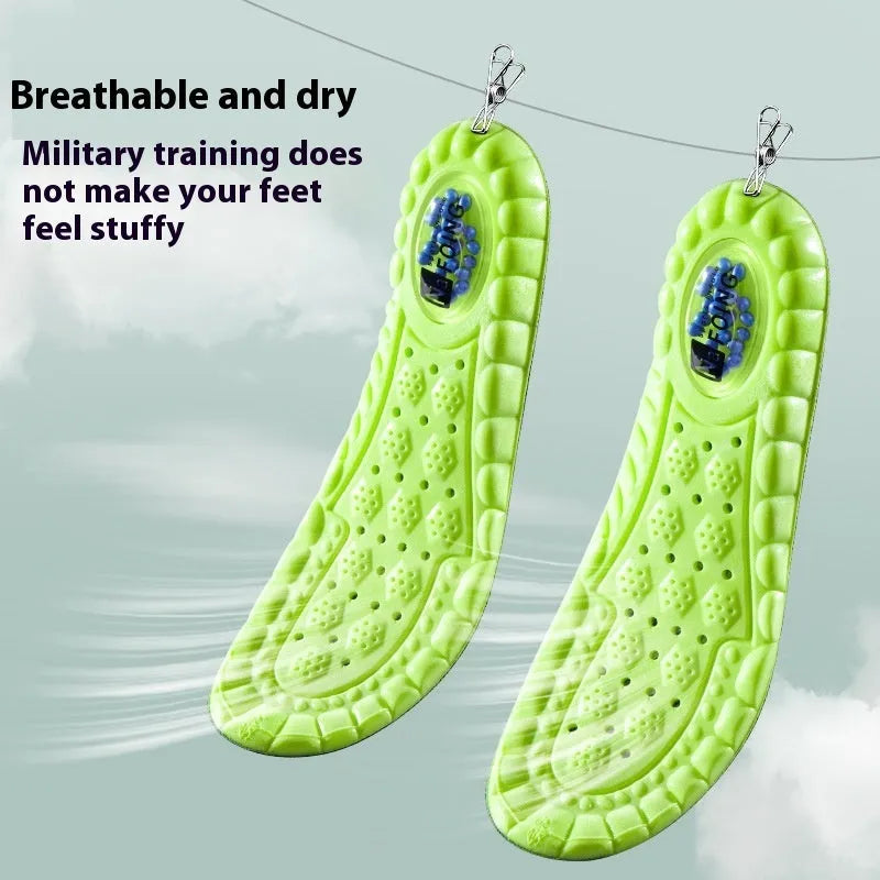 Green PU sports insoles with air cushion shock absorption and argy wormwood sweat absorbing materials