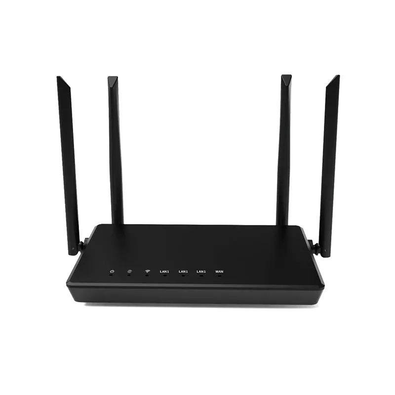 Portable home WiFi router with bare metal case in black or white colour showing rear panel with five connection ports