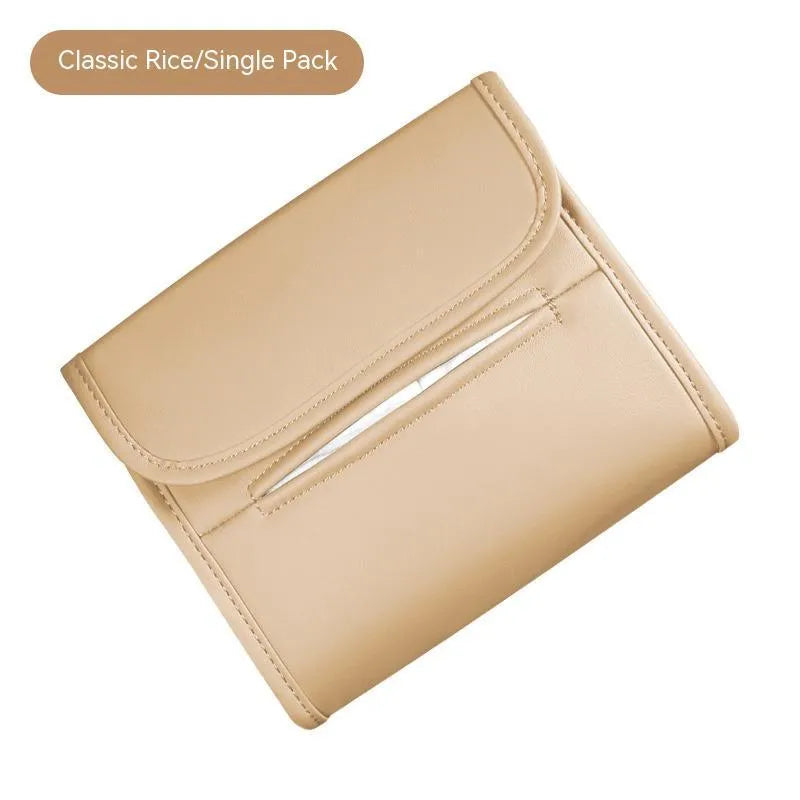 Leather car tissue box holder with elastic strap mounted on vehicle sun visor