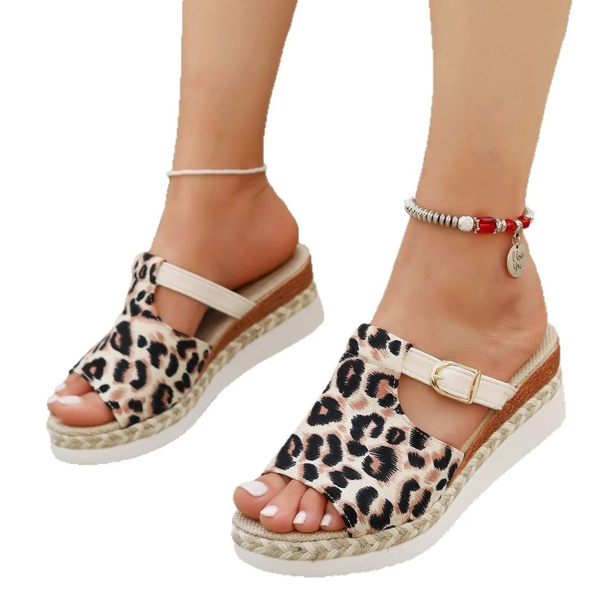 Leopard print women's wedge platform sandals with fish mouth toe in beige, light green, and yellow.