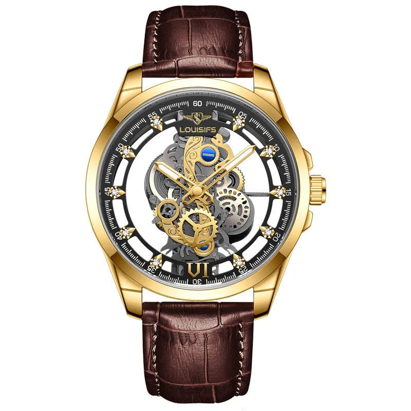 Men's Swiss quartz watch with hollow case design in business style showing three colour options