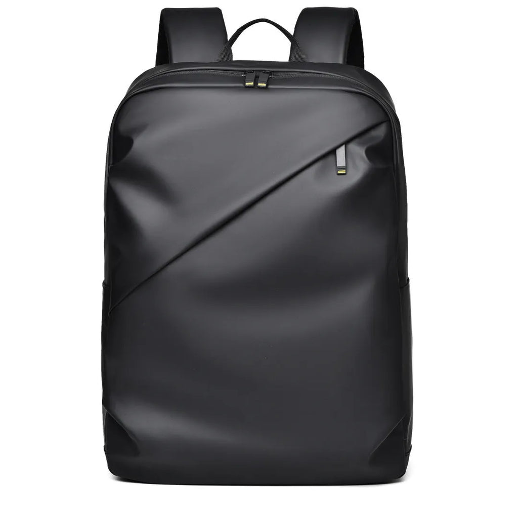 Men's large capacity waterproof backpack in black colour showing PU leather construction and computer bag accommodation
