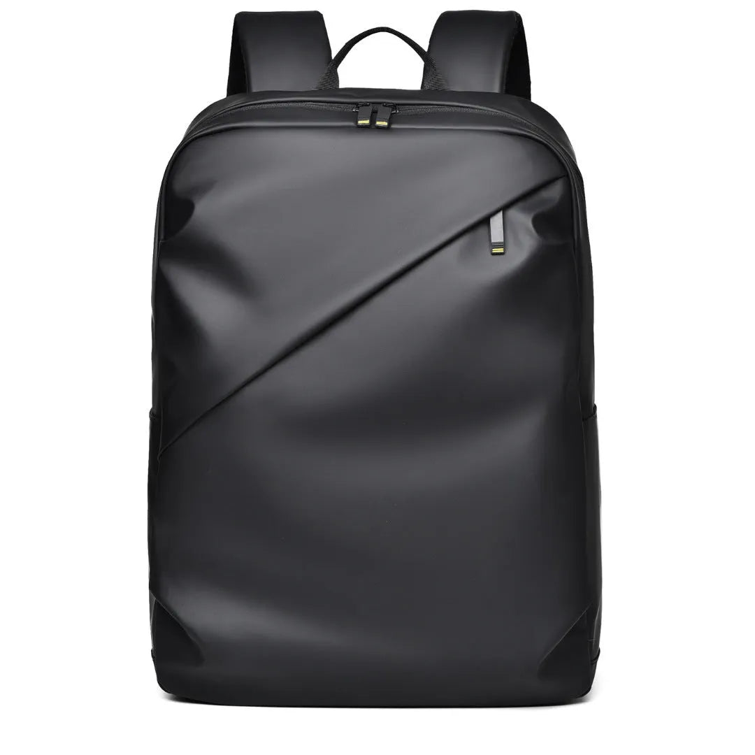 Men's large capacity waterproof backpack in black colour showing PU leather construction and computer bag accommodation