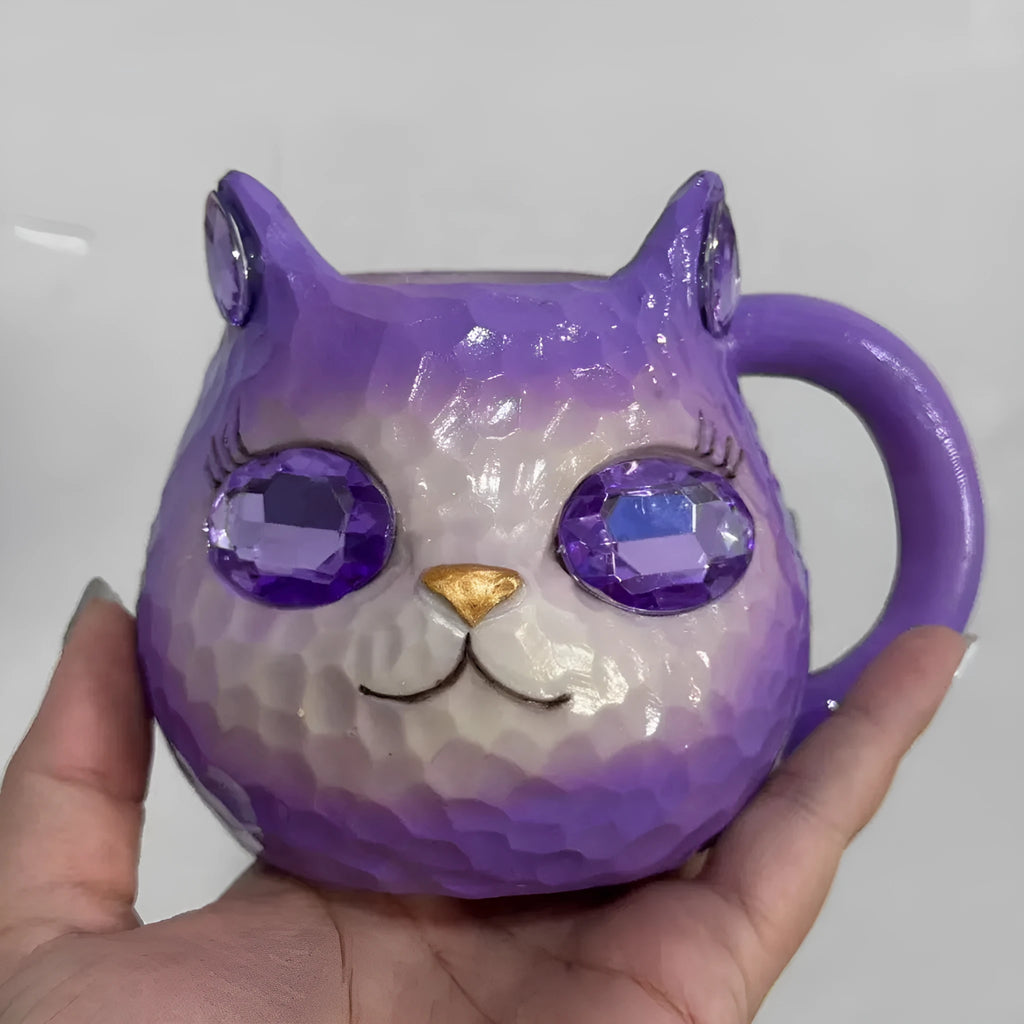 American style resin cat cup decorative figurine in purple, green, blue, or pink.