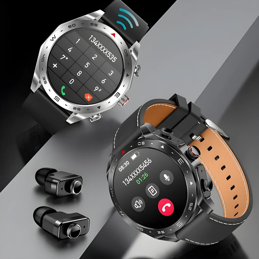 T95 Smart TWS smartwatch with black steel belt showing heart rate and time on IPS screen
