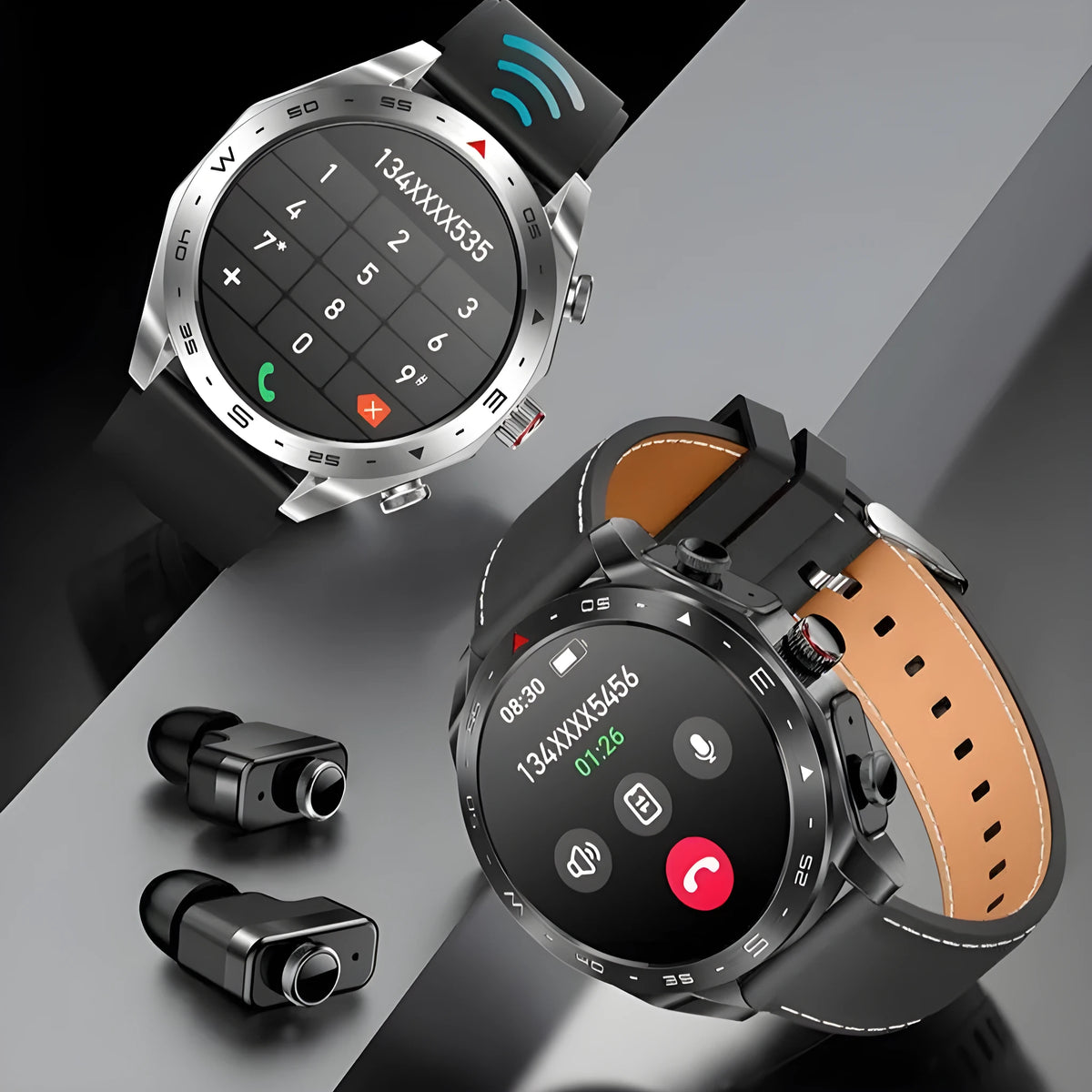 T95 Smart TWS smartwatch with black steel belt showing heart rate and time on IPS screen
