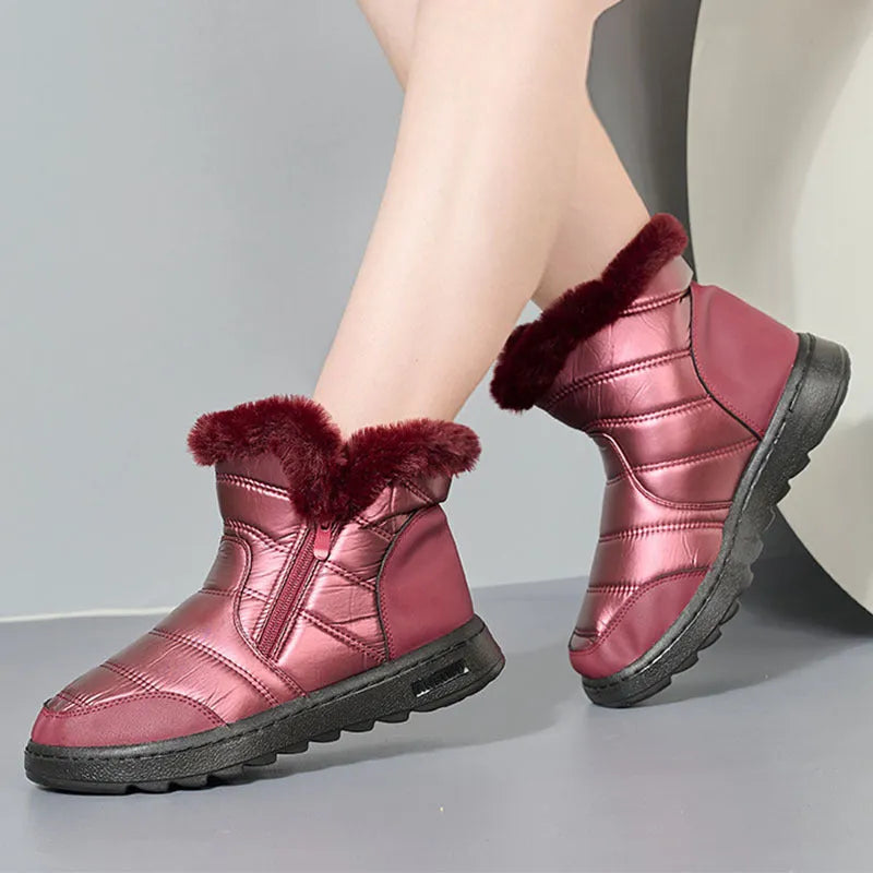 Winter thick plush snow boots with side zipper for women, high top platform, fur upper, round toe, black