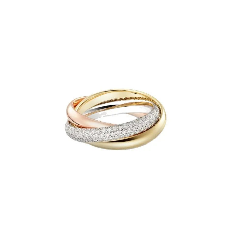 Geometric U-shaped silver couple ring set with full diamond and plain finish options on a size chart.