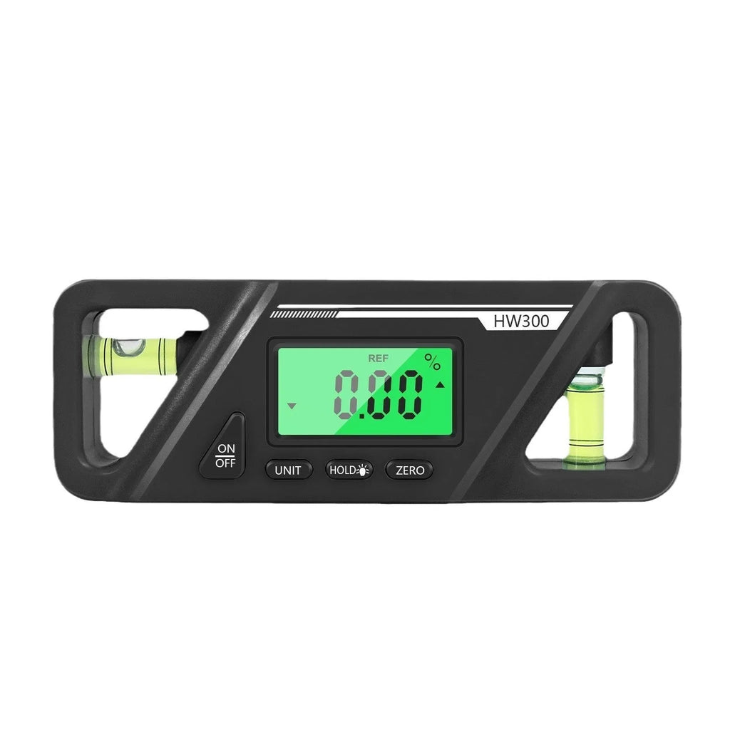 Black digital inclinometer level meter with magnetic base and LCD display showing angle measurement.