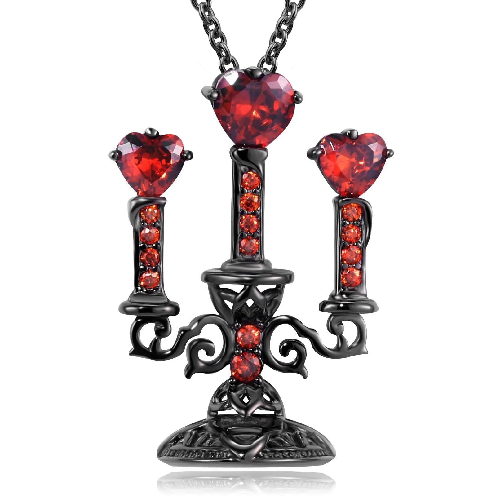 Zinc alloy gothic necklace with hollow candlestick pendant and cross chain on a dark background.