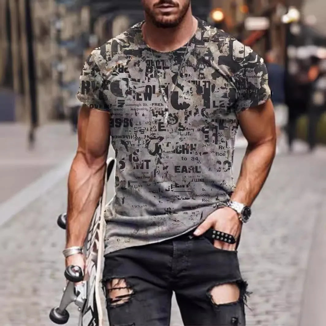 Men's camouflage print short-sleeved t-shirt in milk silk polyester, loose fit pullover style