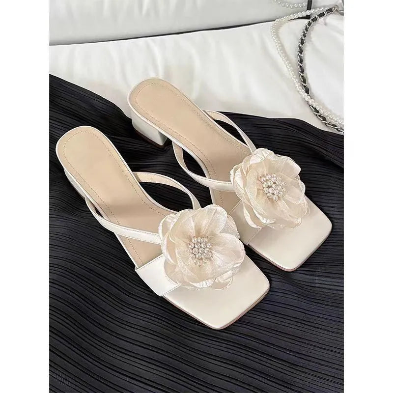 Women's square toe sandals with chunky heel, satin upper, and one-line Korean-style strapping in cream-white colour