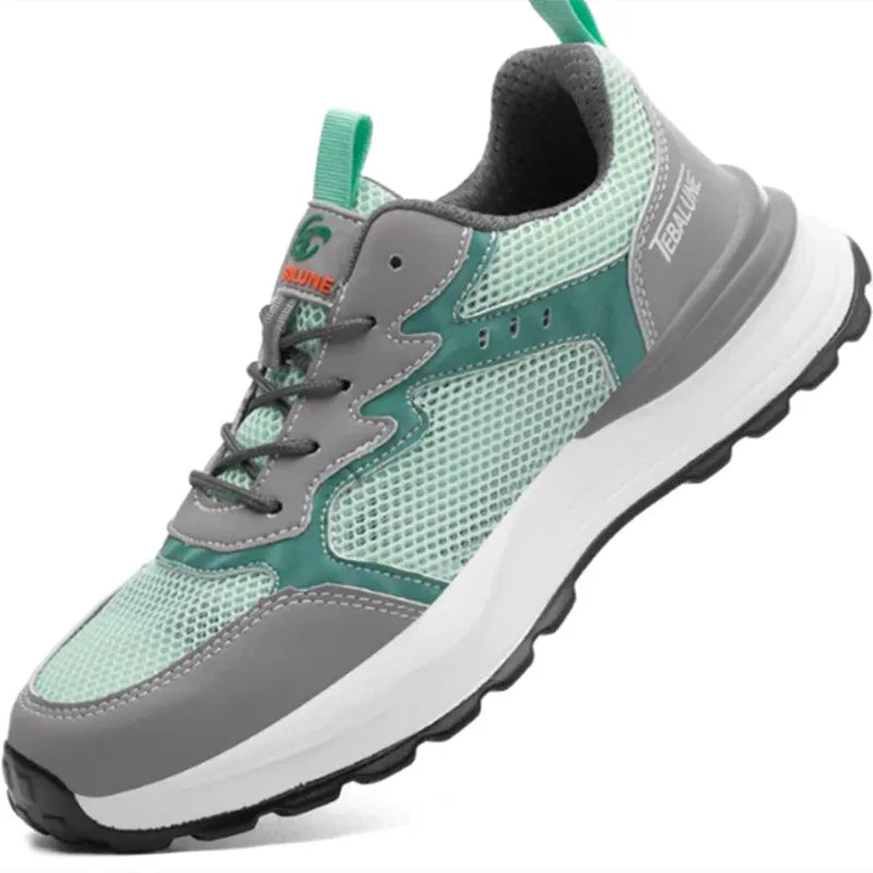 Green men's work shoes with plastic steel toe cap, breathable mesh upper, and TPU sole
