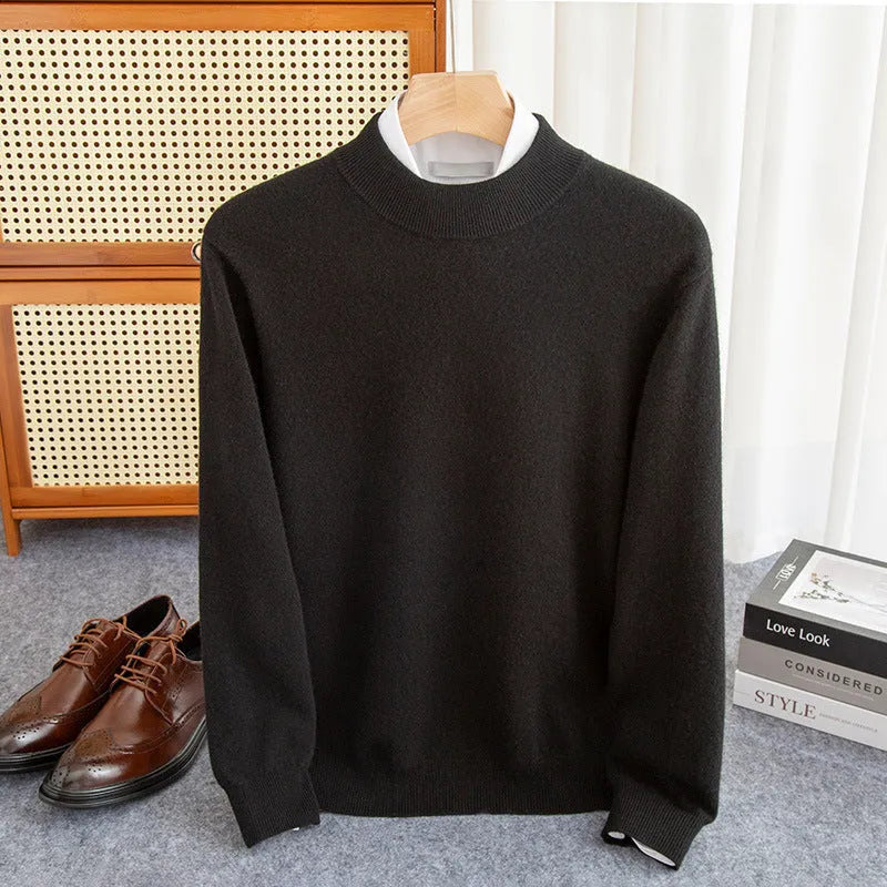 Man wearing a loose-fit half-collar wool sweater in a winter setting.