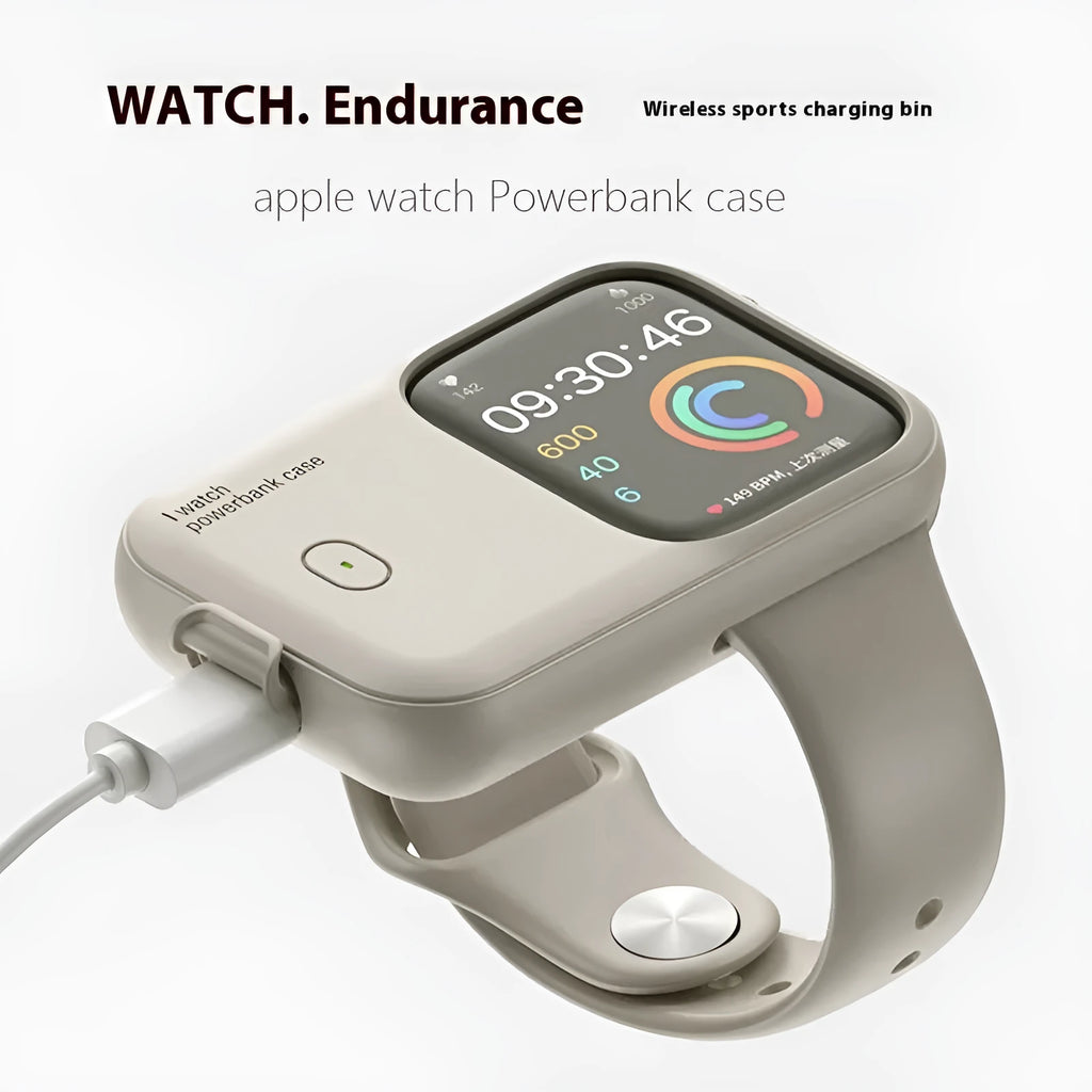 Apple Watch portable wireless charging case with silicone protective cover in Brown, Midnight Blue, or Starlight.