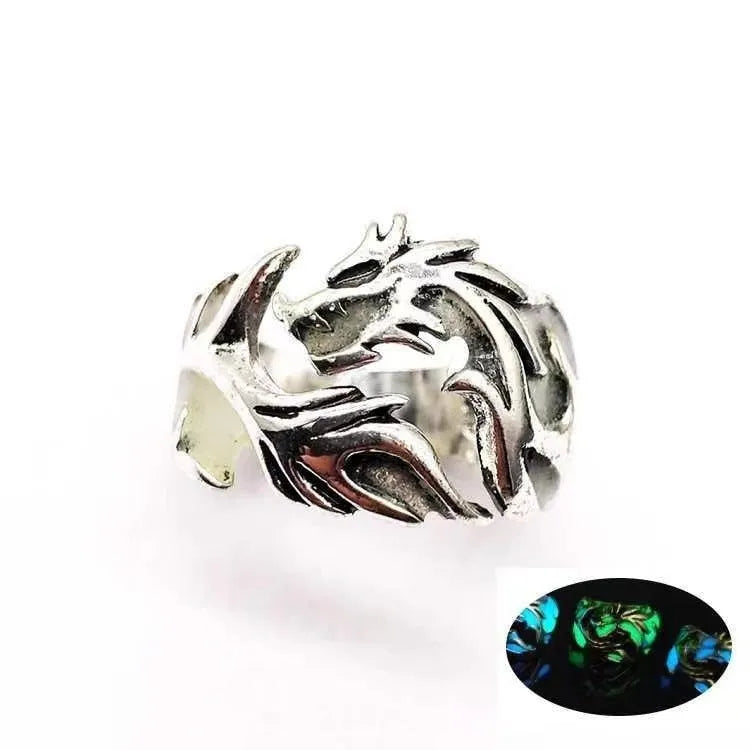 Adjustable Chinese dragon pattern ring in antique silver blue and green colours