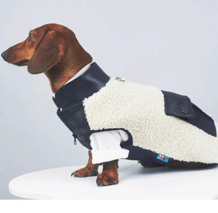 Small leather pocket pet coat for cats and dogs in lambswool and lamb fleece, black colour, side view showing pocket