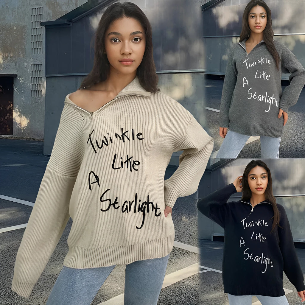Women's light khaki alpaca wool sweater with oblique zip, turtleneck, and loose lapels
