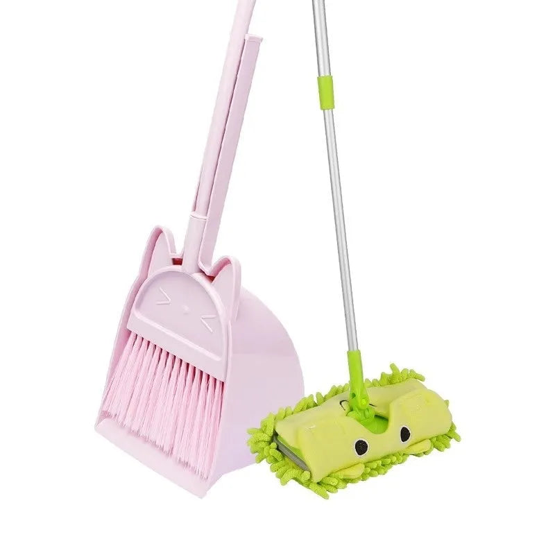 Plastic broom and dustpan set with rotating brush holder in beige, green, or purple colours