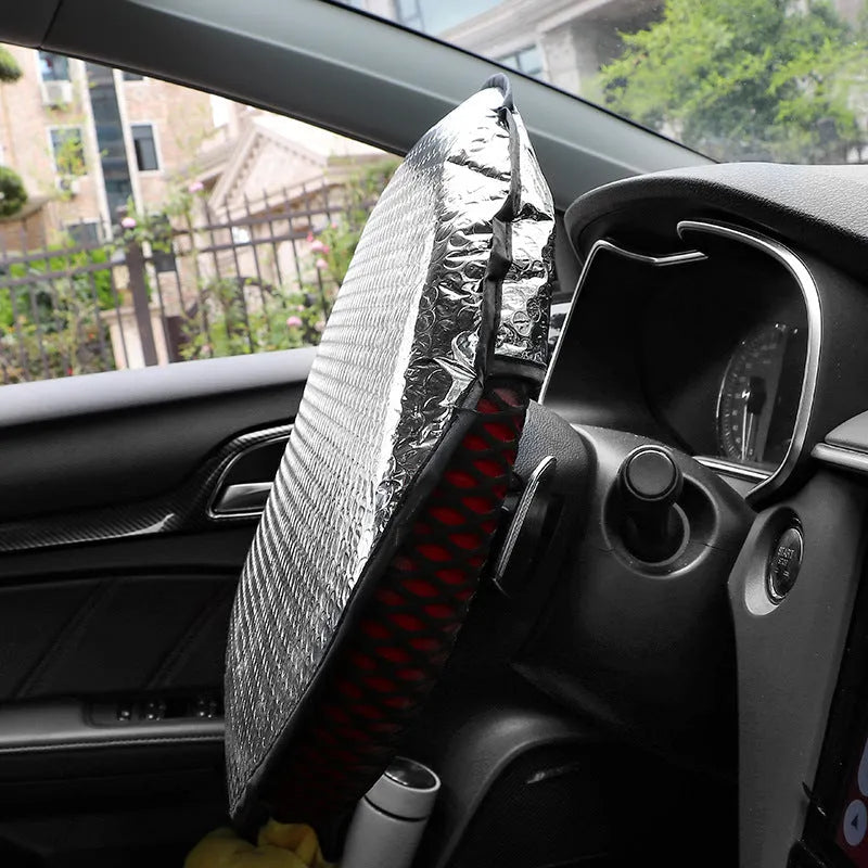 Aluminium foil steering wheel sunshade cover with brand logo pattern for universal fit