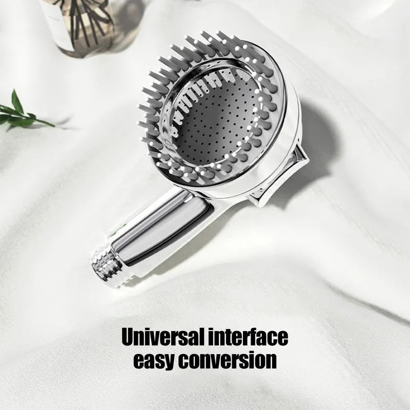 Silver 2-in-1 dog shower attachment with soft silicone comb teeth and ergonomic grip for home bathing