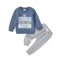 Navy blue casual round neck letter print sweater trousers suit for baby boys, cotton knitted pullover set on white background