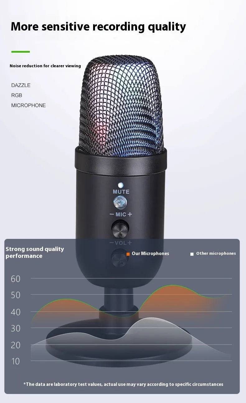 Black USB microphone with RGB lighting for computer and mobile live streaming and gaming