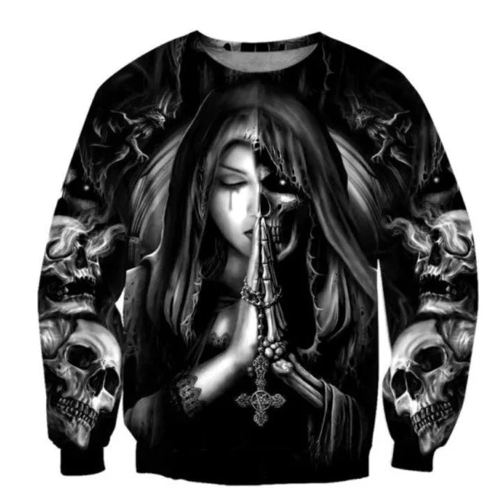 Man's grey hooded sweatshirt with a large 3D printed colourful anime skull graphic on the front.