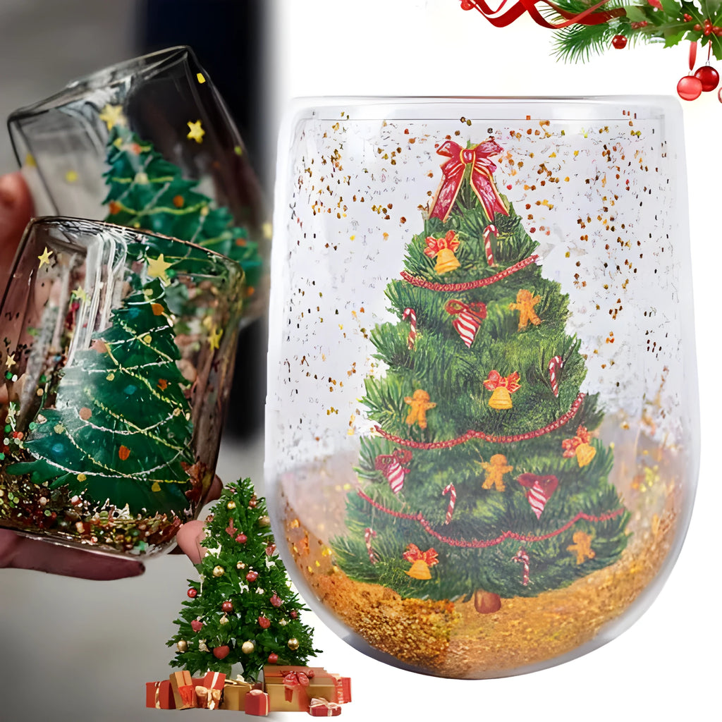 Christmas tree glass tumbler, 380ml double-layer borosilicate glass cup with flowing sequins, 8.6cm x 11.8cm