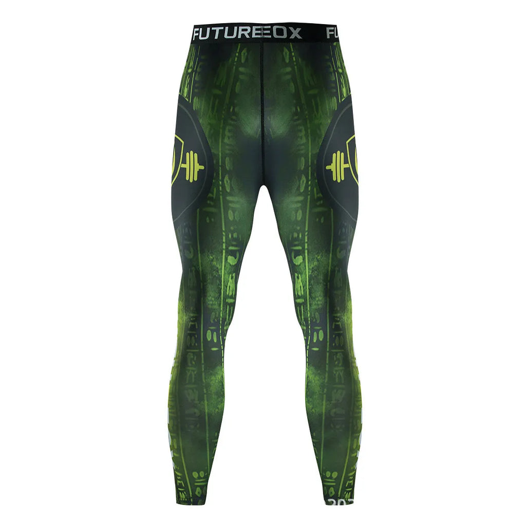 Man wearing a slim-fit, long-sleeve printed sports suit for running or fitness exercise.